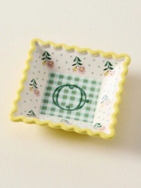 Anthropologie Monogram O Stoneware Trinket Dish Dice Holder In Green & Yellow